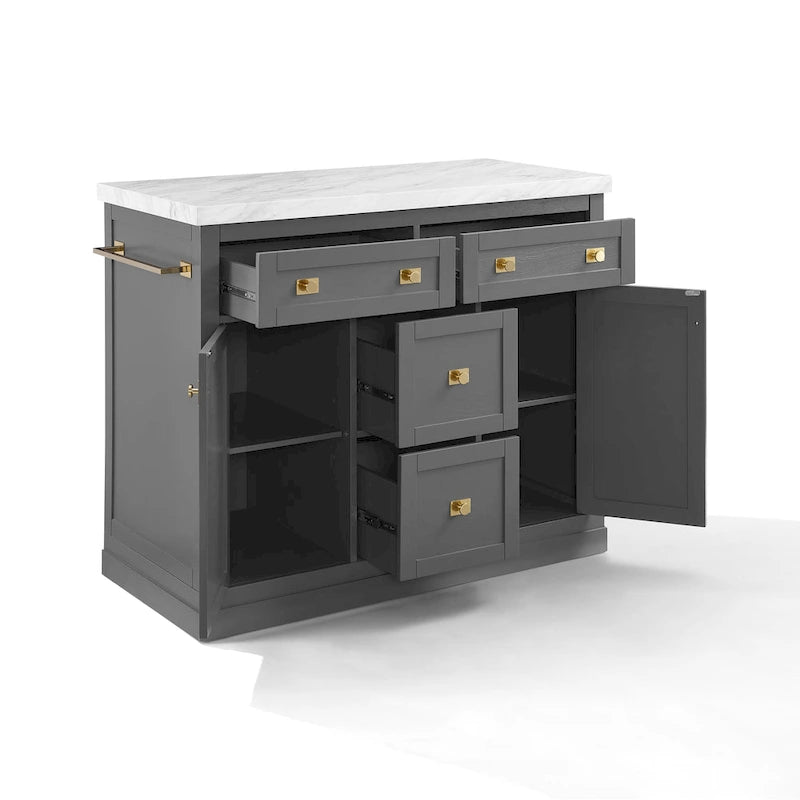 Kitchen Island with White Faux Marble Top, 2 Cabinets & 4 Drawers, Brushed Gold Hardware, 100 lbs Capacity