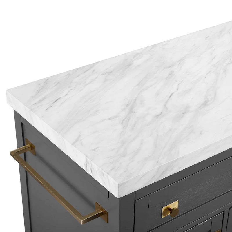 Kitchen Island with White Faux Marble Top, 2 Cabinets & 4 Drawers, Brushed Gold Hardware, 100 lbs Capacity