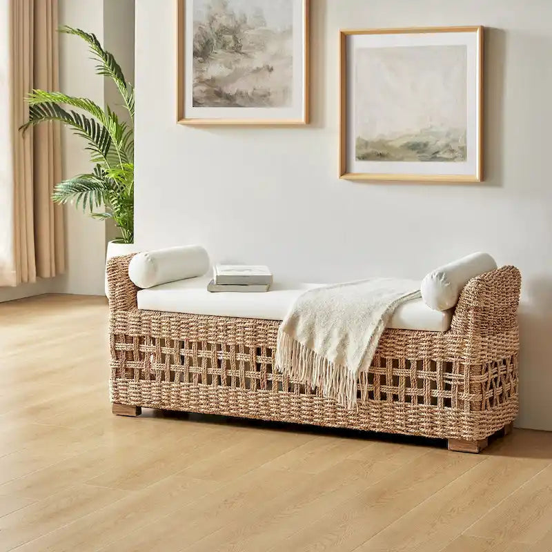 Rattan Storage Bench with Flip-Top Lid, Boho Coastal Farmhouse Style, Solid Wood Legs & 530lb Capacity