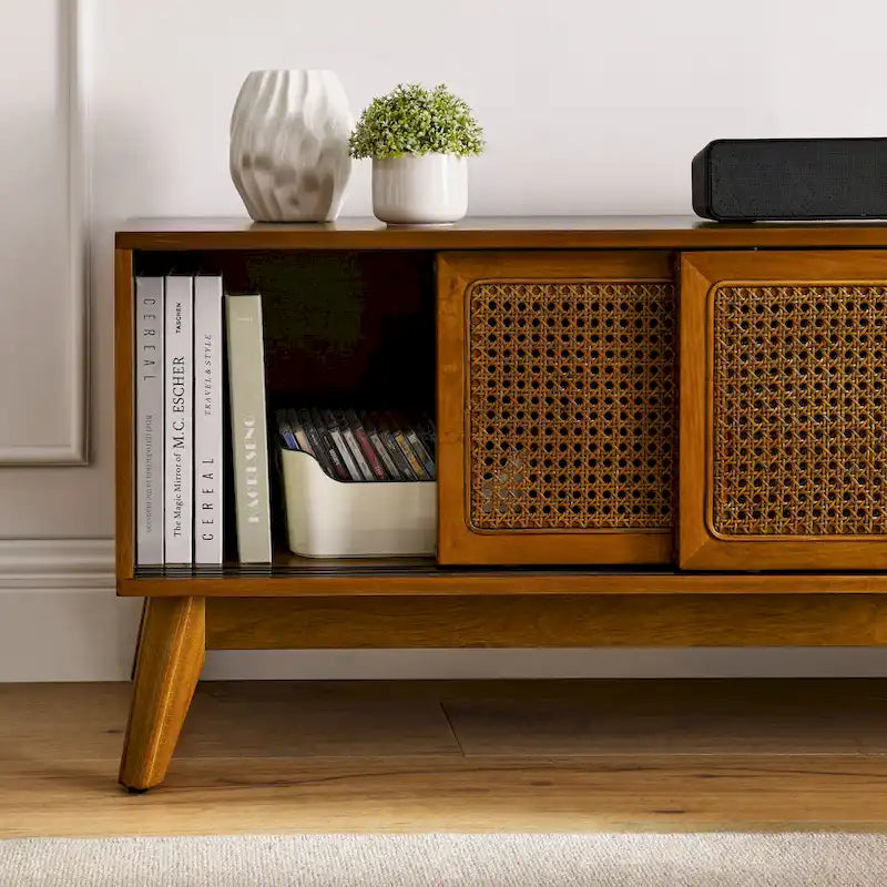 Mid-Century Modern 59-Inch TV Stand for 65-Inch TVs with Rattan Doors, Solid Wood Legs & Adjustable Feet