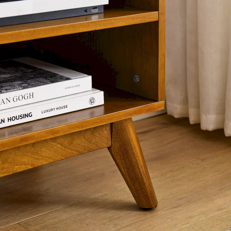 Mid-Century Modern 59-Inch TV Stand for 65-Inch TVs with Rattan Doors, Solid Wood Legs & Adjustable Feet
