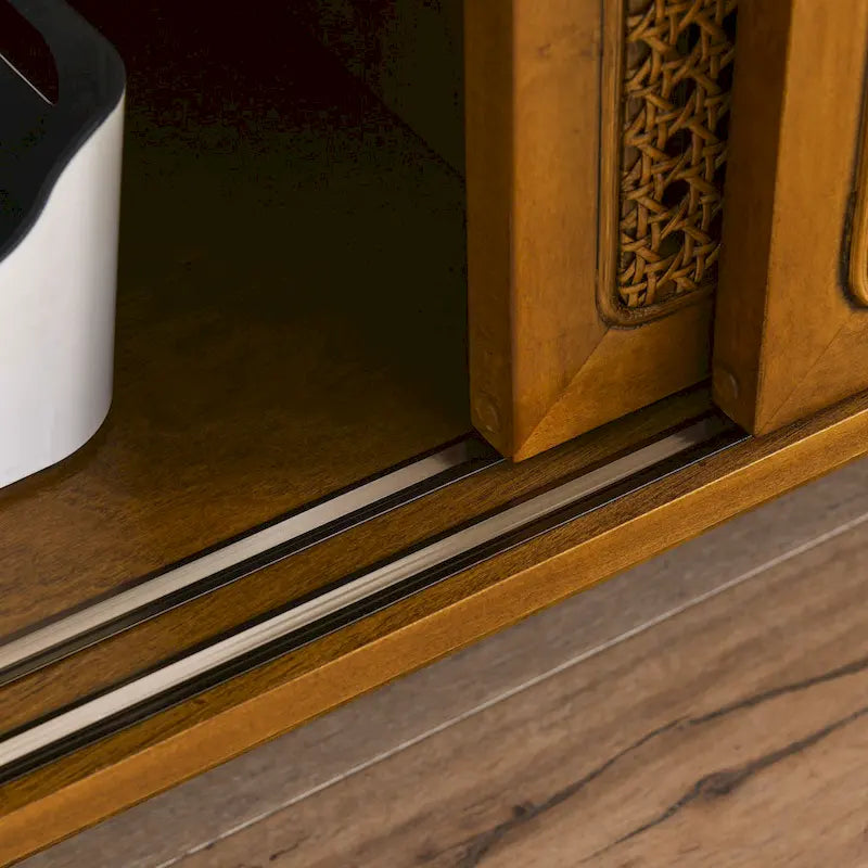 Mid-Century Modern 59-Inch TV Stand for 65-Inch TVs with Rattan Doors, Solid Wood Legs & Adjustable Feet