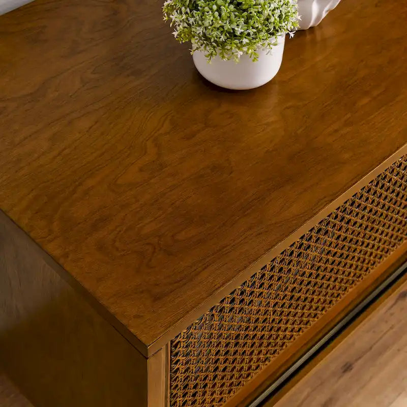 Mid-Century Modern 59-Inch TV Stand for 65-Inch TVs with Rattan Doors, Solid Wood Legs & Adjustable Feet