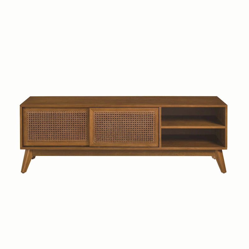 Mid-Century Modern 59-Inch TV Stand for 65-Inch TVs with Rattan Doors, Solid Wood Legs & Adjustable Feet