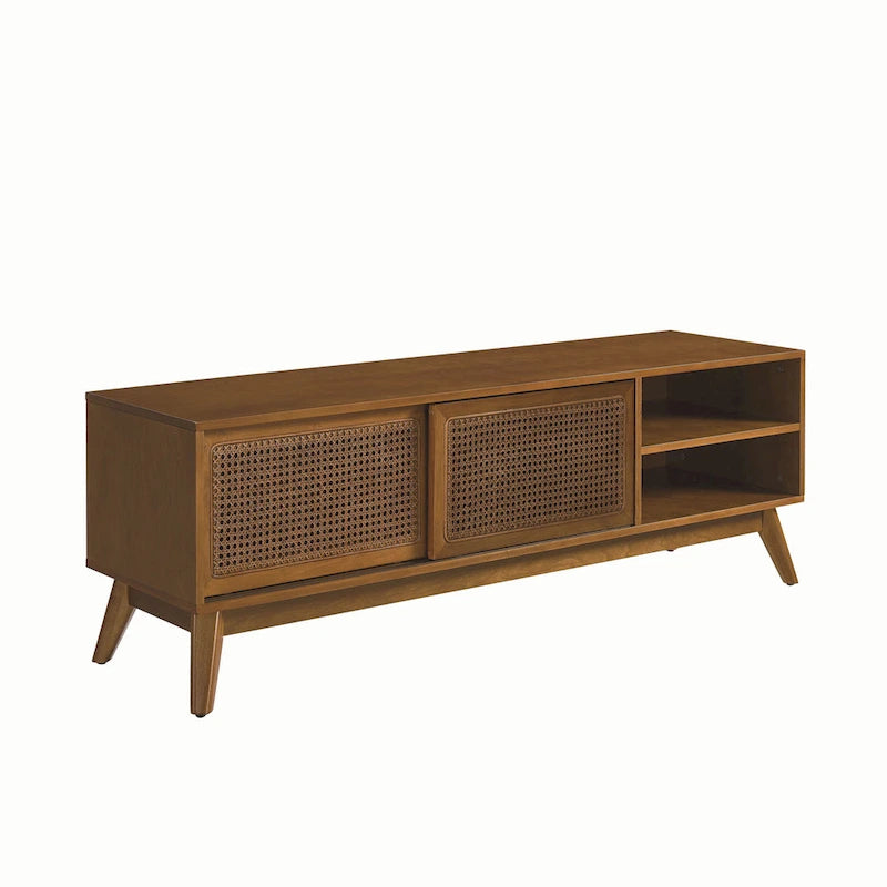 Mid-Century Modern 59-Inch TV Stand for 65-Inch TVs with Rattan Doors, Solid Wood Legs & Adjustable Feet