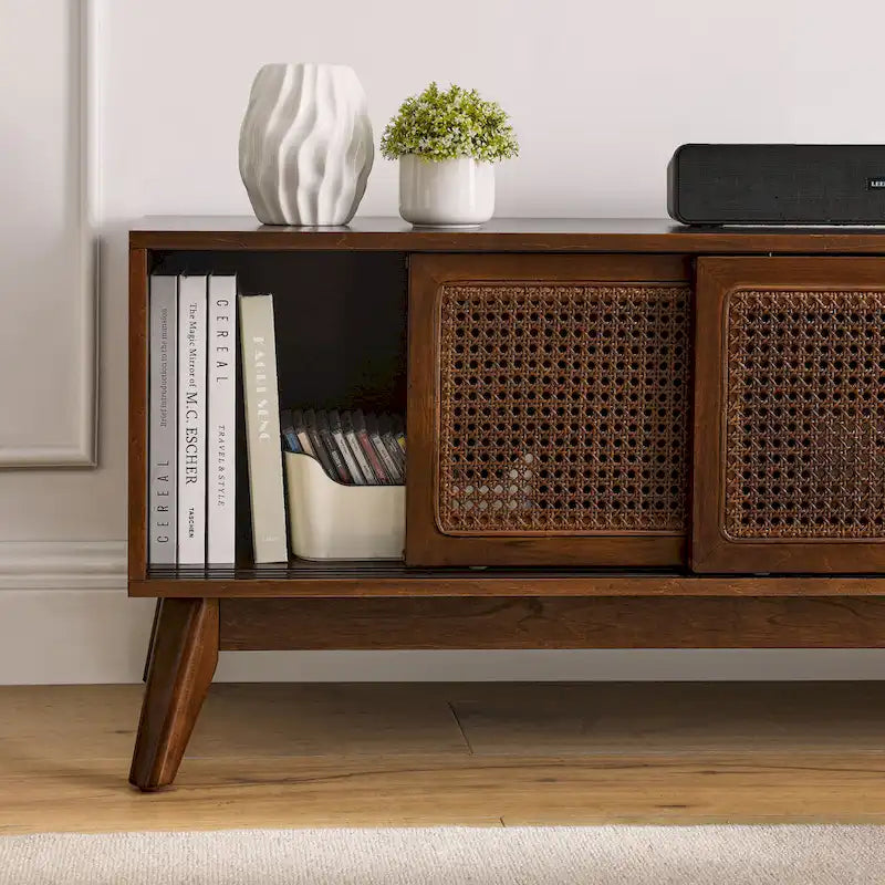 Mid-Century Modern 59-Inch TV Stand for 65-Inch TVs with Rattan Doors, Solid Wood Legs & Adjustable Feet