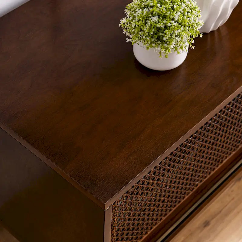 Mid-Century Modern 59-Inch TV Stand for 65-Inch TVs with Rattan Doors, Solid Wood Legs & Adjustable Feet
