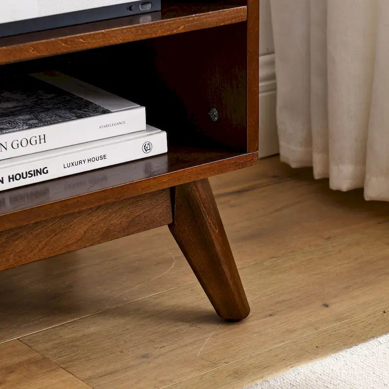 Mid-Century Modern 59-Inch TV Stand for 65-Inch TVs with Rattan Doors, Solid Wood Legs & Adjustable Feet