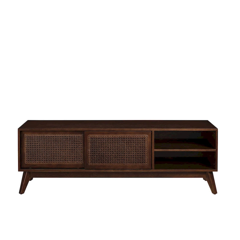 Mid-Century Modern 59-Inch TV Stand for 65-Inch TVs with Rattan Doors, Solid Wood Legs & Adjustable Feet