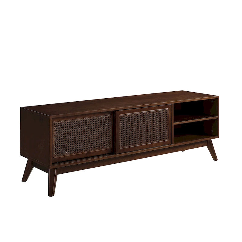 Mid-Century Modern 59-Inch TV Stand for 65-Inch TVs with Rattan Doors, Solid Wood Legs & Adjustable Feet