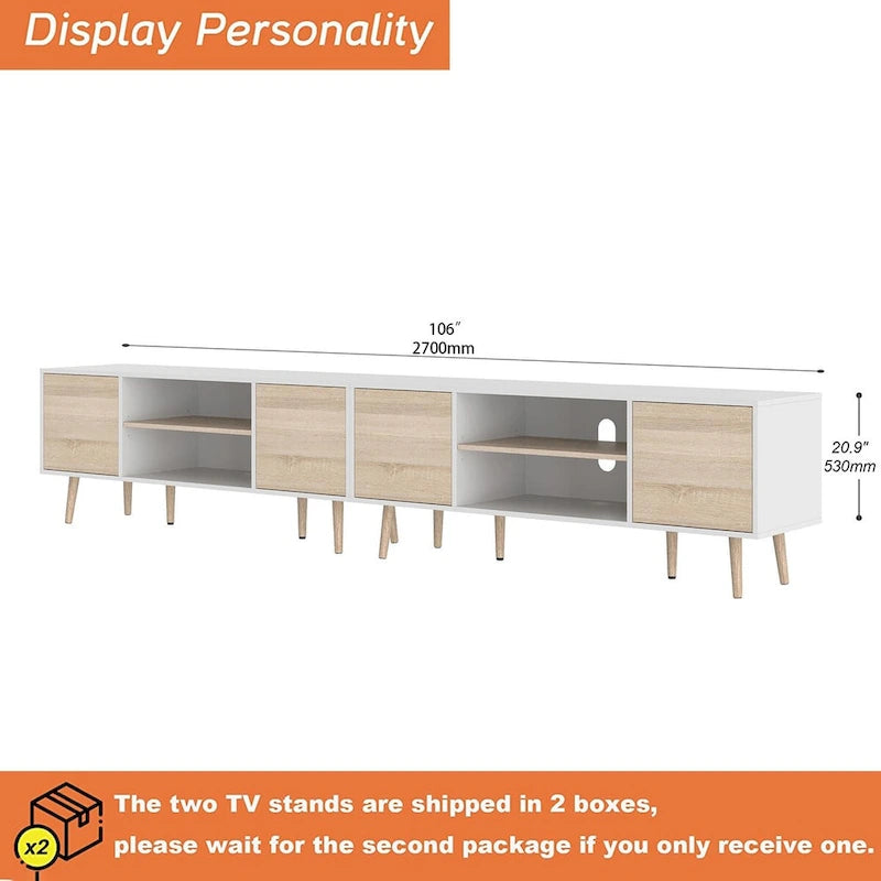 2-in-1 Extra Large 106-inch TV Stand with 2-Tier Shelves & Push-Open Doors for up to 100-inch TVs, White