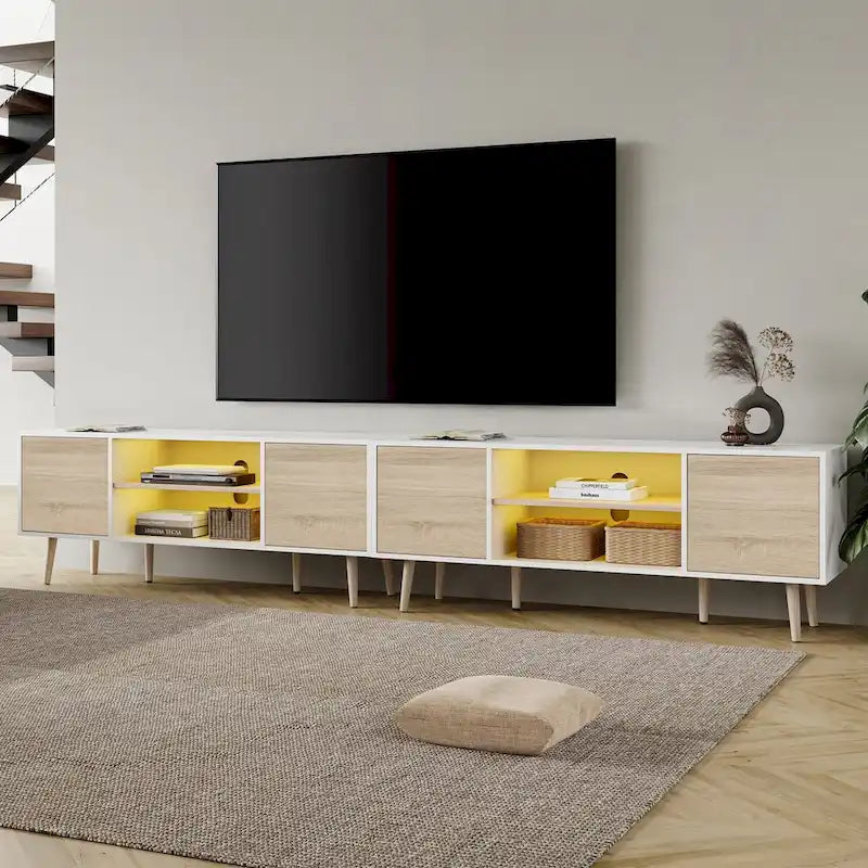 2-in-1 Extra Large 106-inch TV Stand with 2-Tier Shelves & Push-Open Doors for up to 100-inch TVs, White