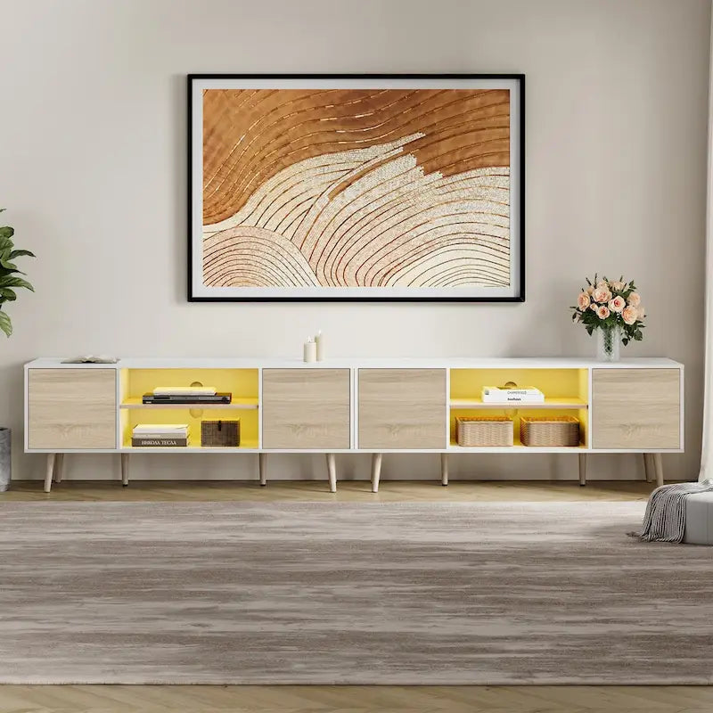 2-in-1 Extra Large 106-inch TV Stand with 2-Tier Shelves & Push-Open Doors for up to 100-inch TVs, White