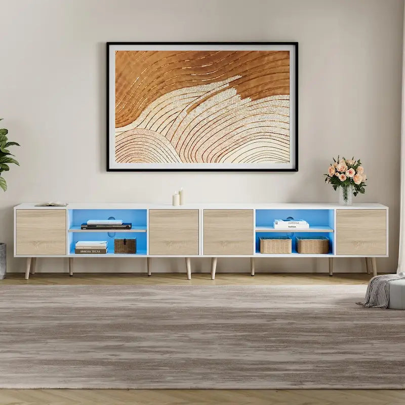 2-in-1 Extra Large 106-inch TV Stand with 2-Tier Shelves & Push-Open Doors for up to 100-inch TVs, White