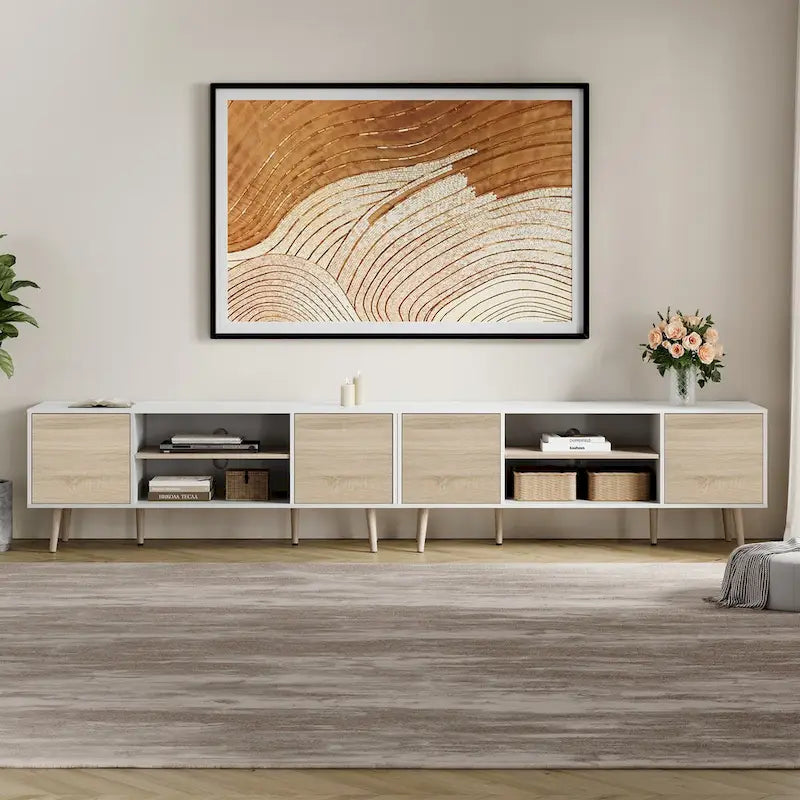 2-in-1 Extra Large 106-inch TV Stand with 2-Tier Shelves & Push-Open Doors for up to 100-inch TVs, White