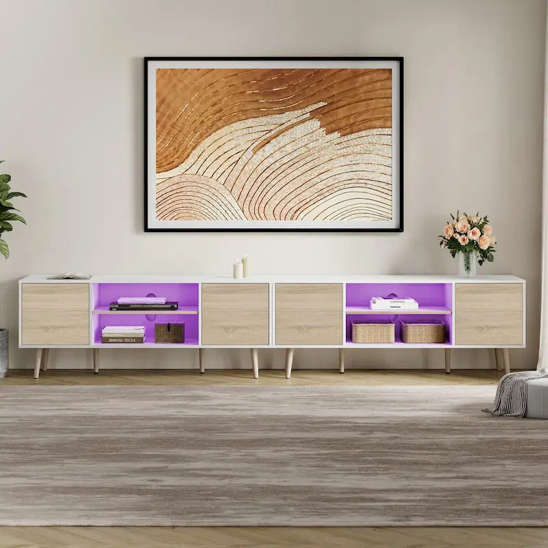 2-in-1 Extra Large 106-inch TV Stand with 2-Tier Shelves & Push-Open Doors for up to 100-inch TVs, White