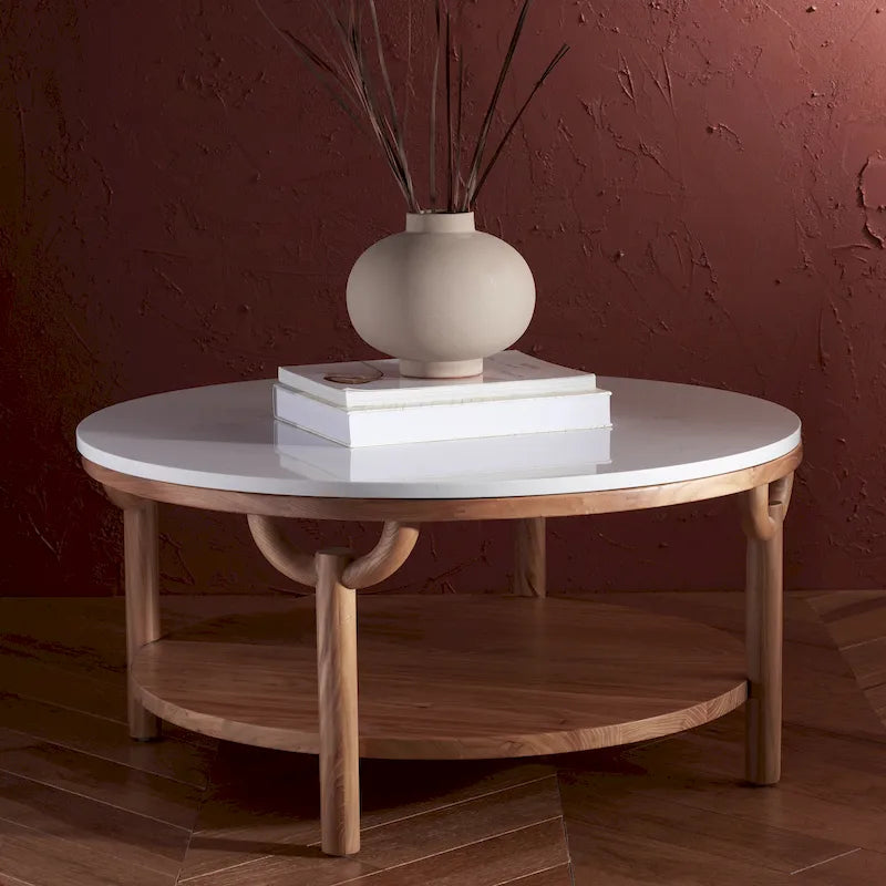 Round Two-Tier Coffee Table with Marble Top & Wooden Base, Modern Floating Design for Living Room
