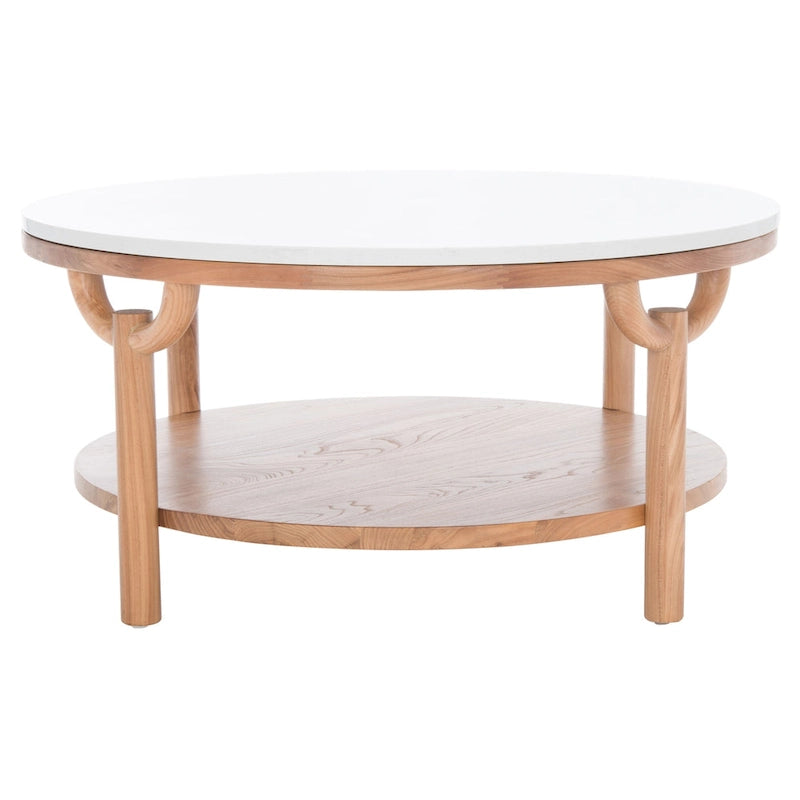 Round Two-Tier Coffee Table with Marble Top & Wooden Base, Modern Floating Design for Living Room