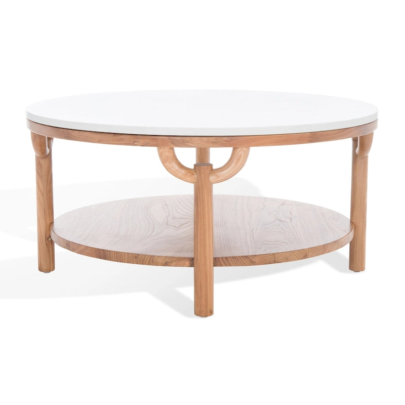 Round Two-Tier Coffee Table with Marble Top & Wooden Base, Modern Floating Design for Living Room