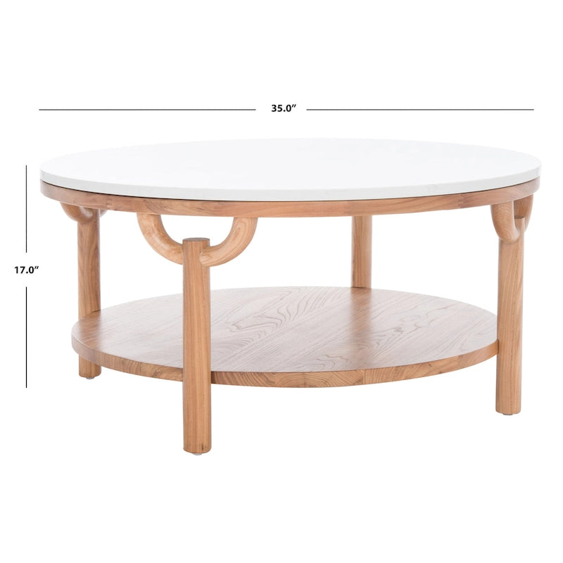 Round Two-Tier Coffee Table with Marble Top & Wooden Base, Modern Floating Design for Living Room