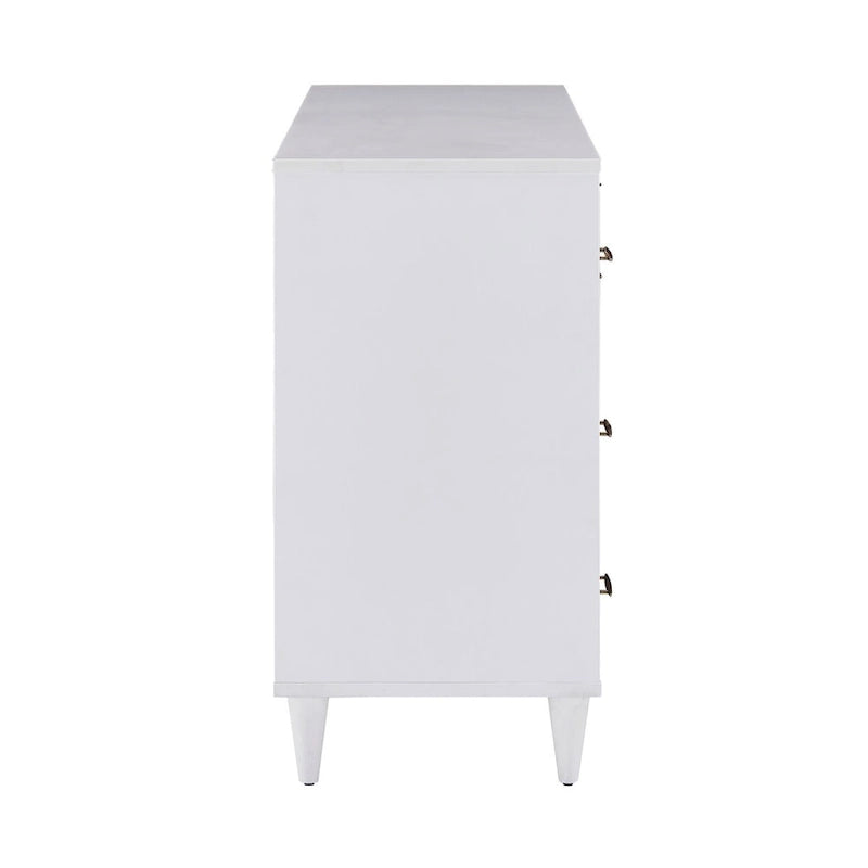 8-Drawer Mixed Wood Dresser with Metal Pulls, White Frame & Tapered Legs, Modern Eclectic Style