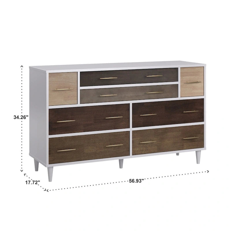 8-Drawer Mixed Wood Dresser with Metal Pulls, White Frame & Tapered Legs, Modern Eclectic Style
