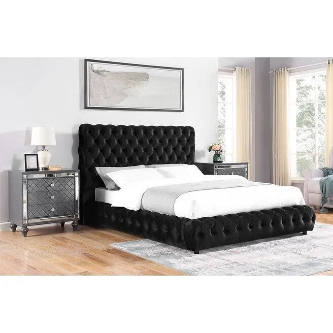 Button-tufted King/Queen size bed, with black velvet upholstered headboard and low platform base, in a modern style.