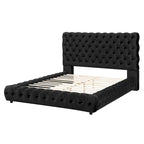 Button-tufted King/Queen size bed, with black velvet upholstered headboard and low platform base, in a modern style.