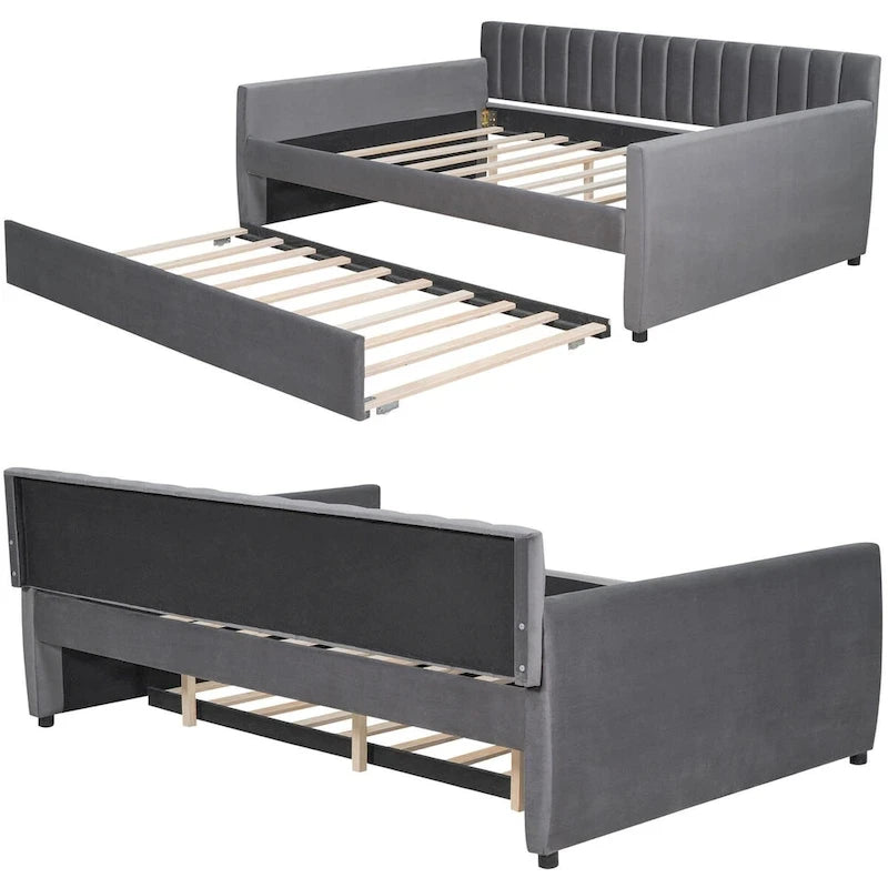 Full Size Daybed with Pull-Out Trundle, Velvet Upholstery & 500 lbs Capacity, Space-Saving Design