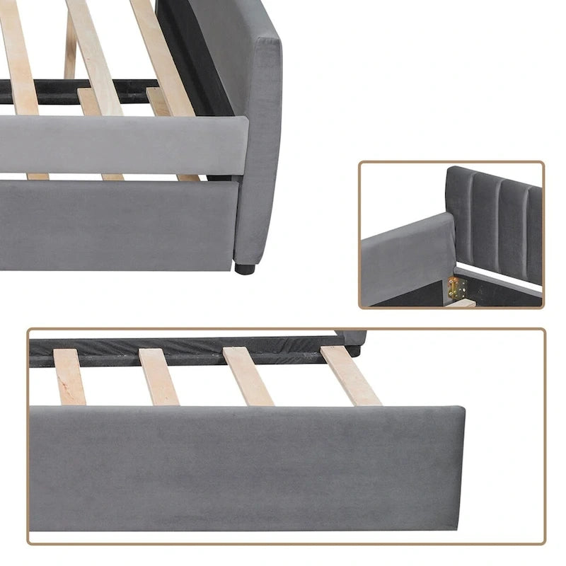 Full Size Daybed with Pull-Out Trundle, Velvet Upholstery & 500 lbs Capacity, Space-Saving Design