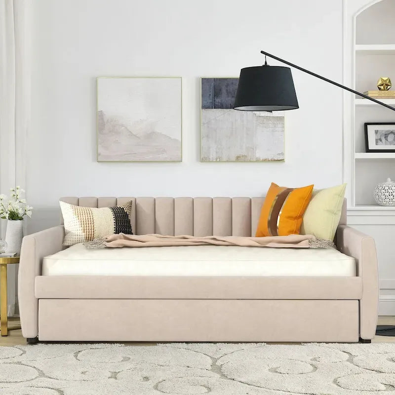 Full Size Daybed with Pull-Out Trundle, Velvet Upholstery & 500 lbs Capacity, Space-Saving Design