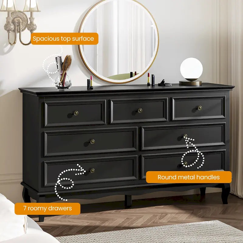 55-Inch Modern Farmhouse 7-Drawer Dresser, White MDF & Rubberwood, Anti-Tip Design, Silent Slides