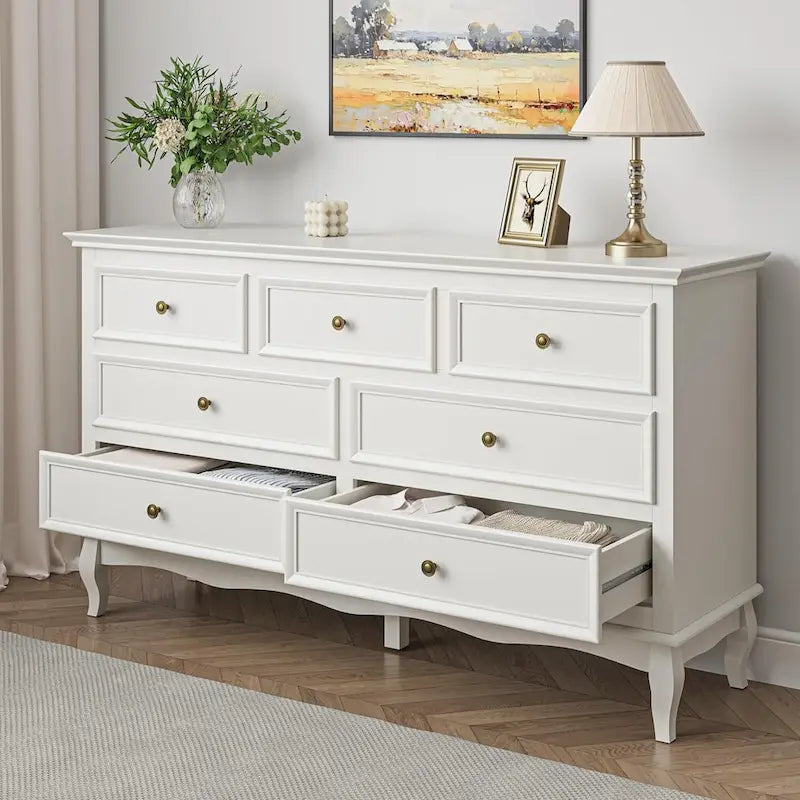 55-Inch Modern Farmhouse 7-Drawer Dresser, White MDF & Rubberwood, Anti-Tip Design, Silent Slides