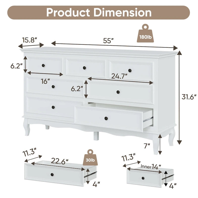 55-Inch Modern Farmhouse 7-Drawer Dresser, White MDF & Rubberwood, Anti-Tip Design, Silent Slides