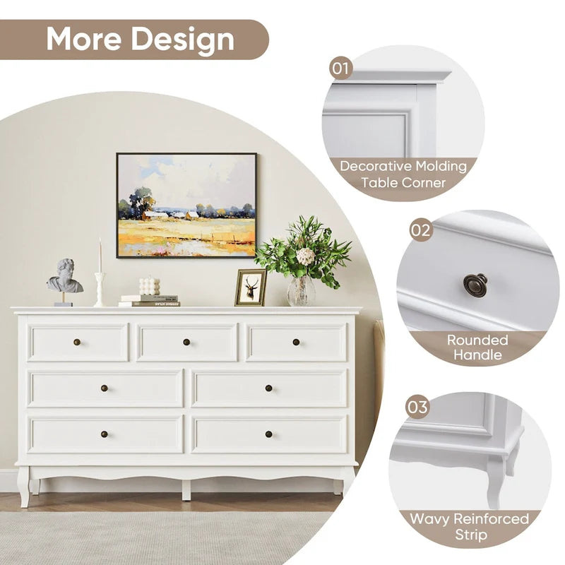 55-Inch Modern Farmhouse 7-Drawer Dresser, White MDF & Rubberwood, Anti-Tip Design, Silent Slides