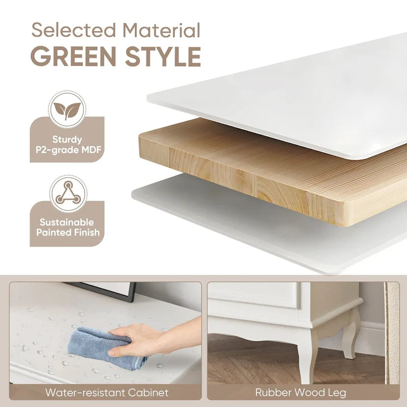 55-Inch Modern Farmhouse 7-Drawer Dresser, White MDF & Rubberwood, Anti-Tip Design, Silent Slides