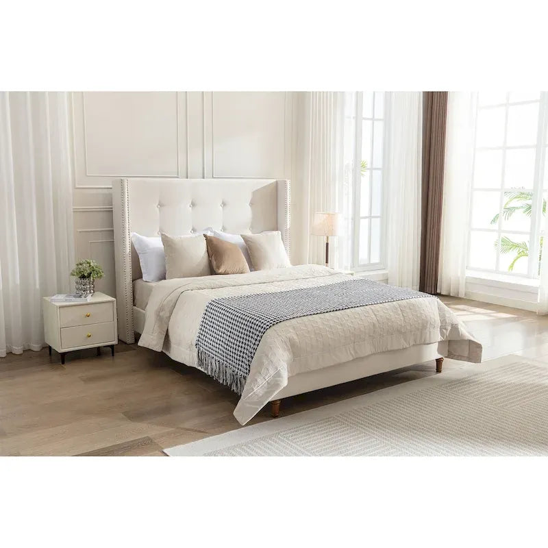 54" Velvet Upholstered Bed Frame with Nailhead Trim & Button Tufting, Walnut Finish Wood Feet, 1000 lbs Capacity