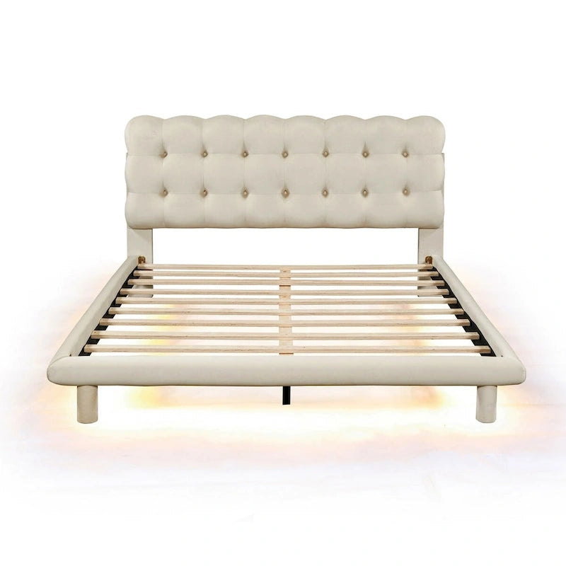 Queen LED Platform Bed with Tufted Velvet Headboard, RGB Light & Remote Control