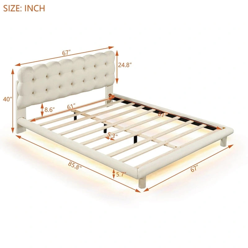 Queen LED Platform Bed with Tufted Velvet Headboard, RGB Light & Remote Control