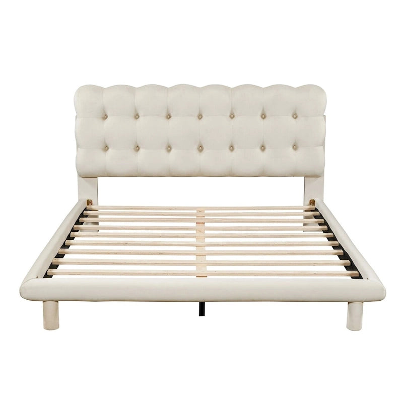 Queen LED Platform Bed with Tufted Velvet Headboard, RGB Light & Remote Control