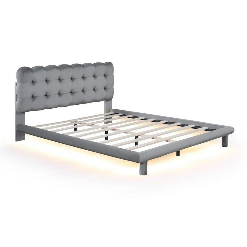 Queen LED Platform Bed with Tufted Velvet Headboard, RGB Light & Remote Control