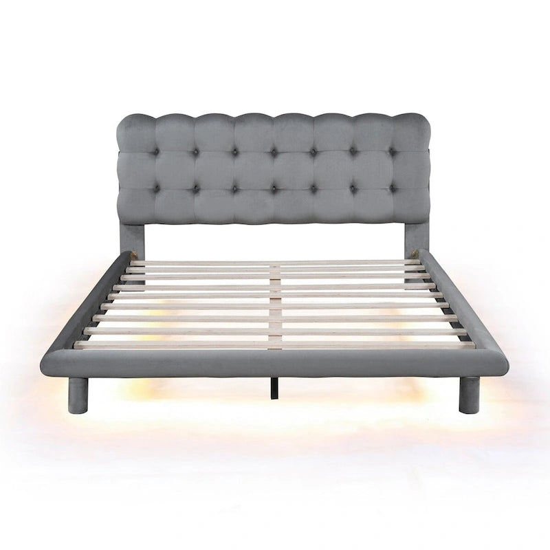 Queen LED Platform Bed with Tufted Velvet Headboard, RGB Light & Remote Control