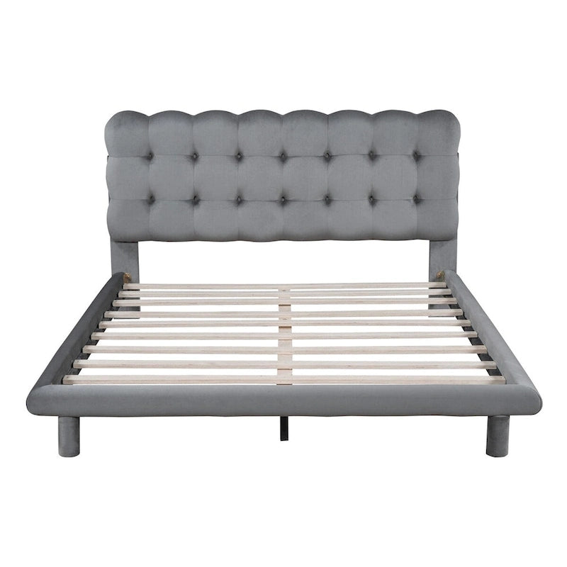 Queen LED Platform Bed with Tufted Velvet Headboard, RGB Light & Remote Control