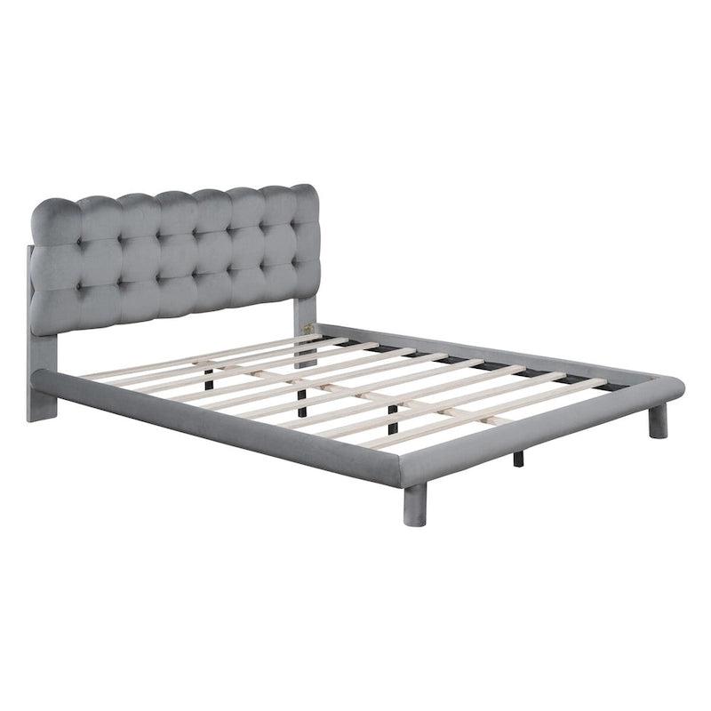 Queen LED Platform Bed with Tufted Velvet Headboard, RGB Light & Remote Control