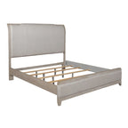 King Size Upholstered Bed with Linen Headboard, Rubberwood Frame & Two-Tone Washed Taupe Finish