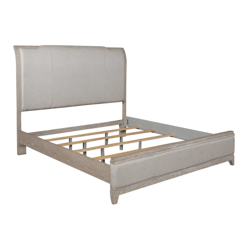 King Size Upholstered Bed with Linen Headboard, Rubberwood Frame & Two-Tone Washed Taupe Finish