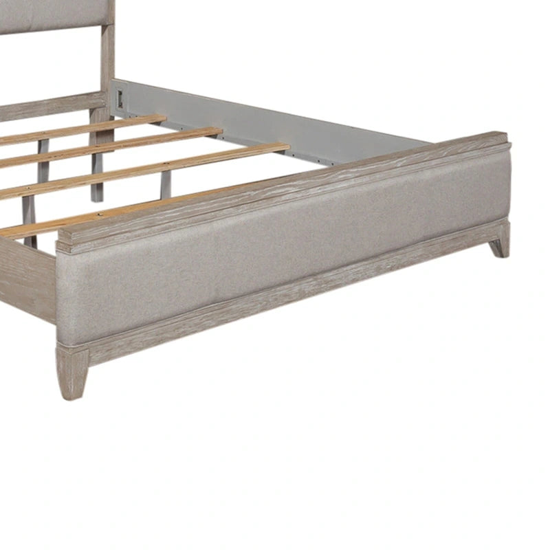 King Size Upholstered Bed with Linen Headboard, Rubberwood Frame & Two-Tone Washed Taupe Finish