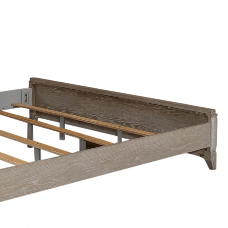 King Size Upholstered Bed with Linen Headboard, Rubberwood Frame & Two-Tone Washed Taupe Finish