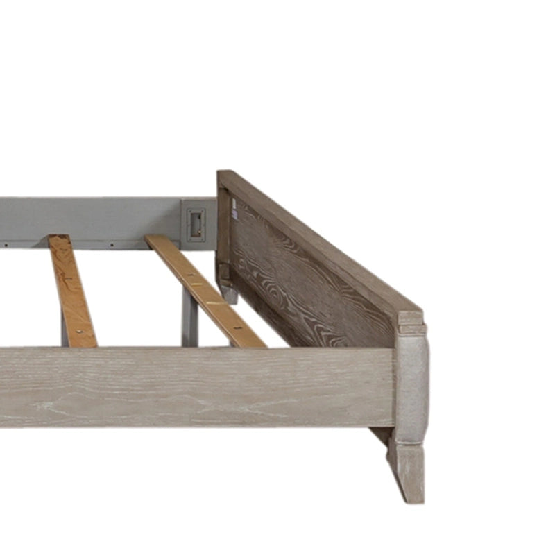 King Size Upholstered Bed with Linen Headboard, Rubberwood Frame & Two-Tone Washed Taupe Finish