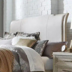 King Size Upholstered Bed with Linen Headboard, Rubberwood Frame & Two-Tone Washed Taupe Finish